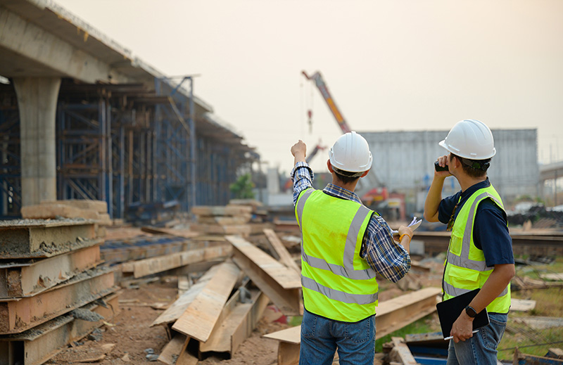 Two contractors discussing bridge project on jobsite